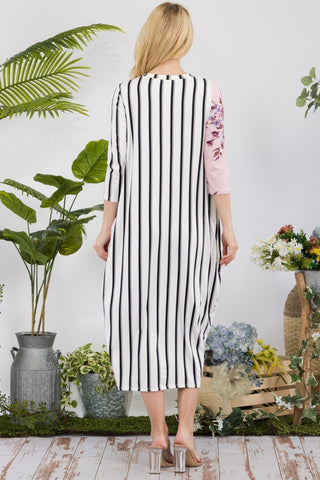 Full Size Floral Striped Contrast Midi-Dress with Pockets