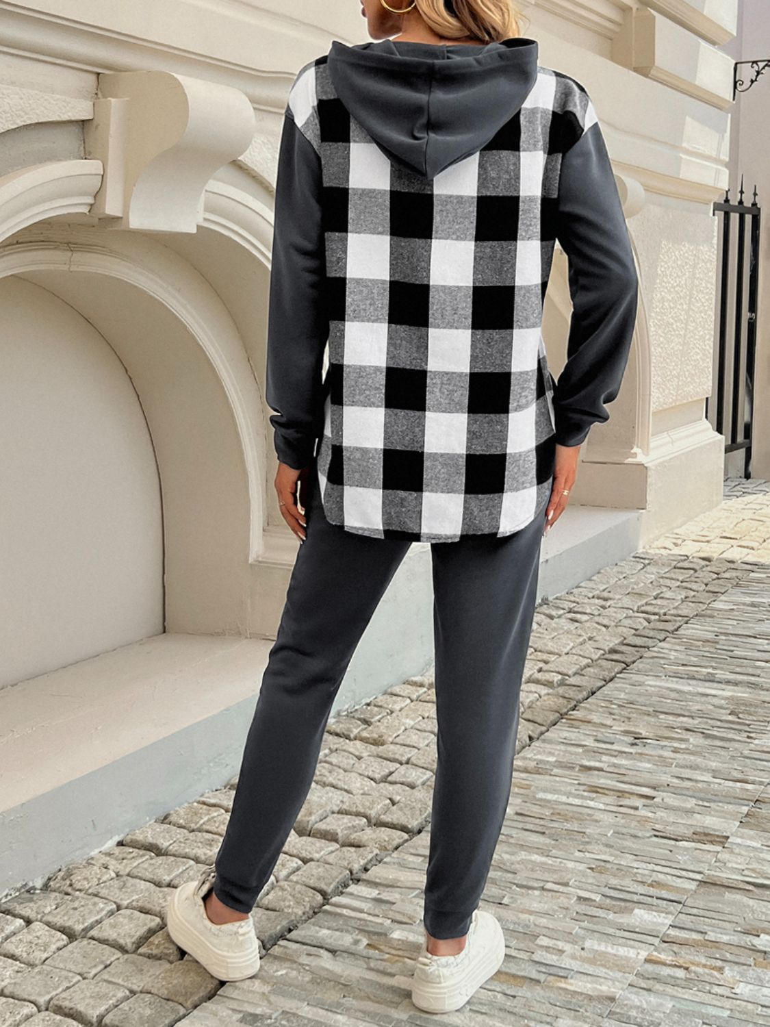 Plaid Long Sleeve Hooded Top and Pants Set