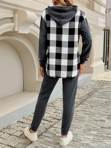 Plaid Long Sleeve Hooded Top and Pants Set