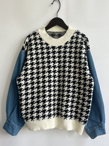 Hounds tooth Denim Sleeve Sweater