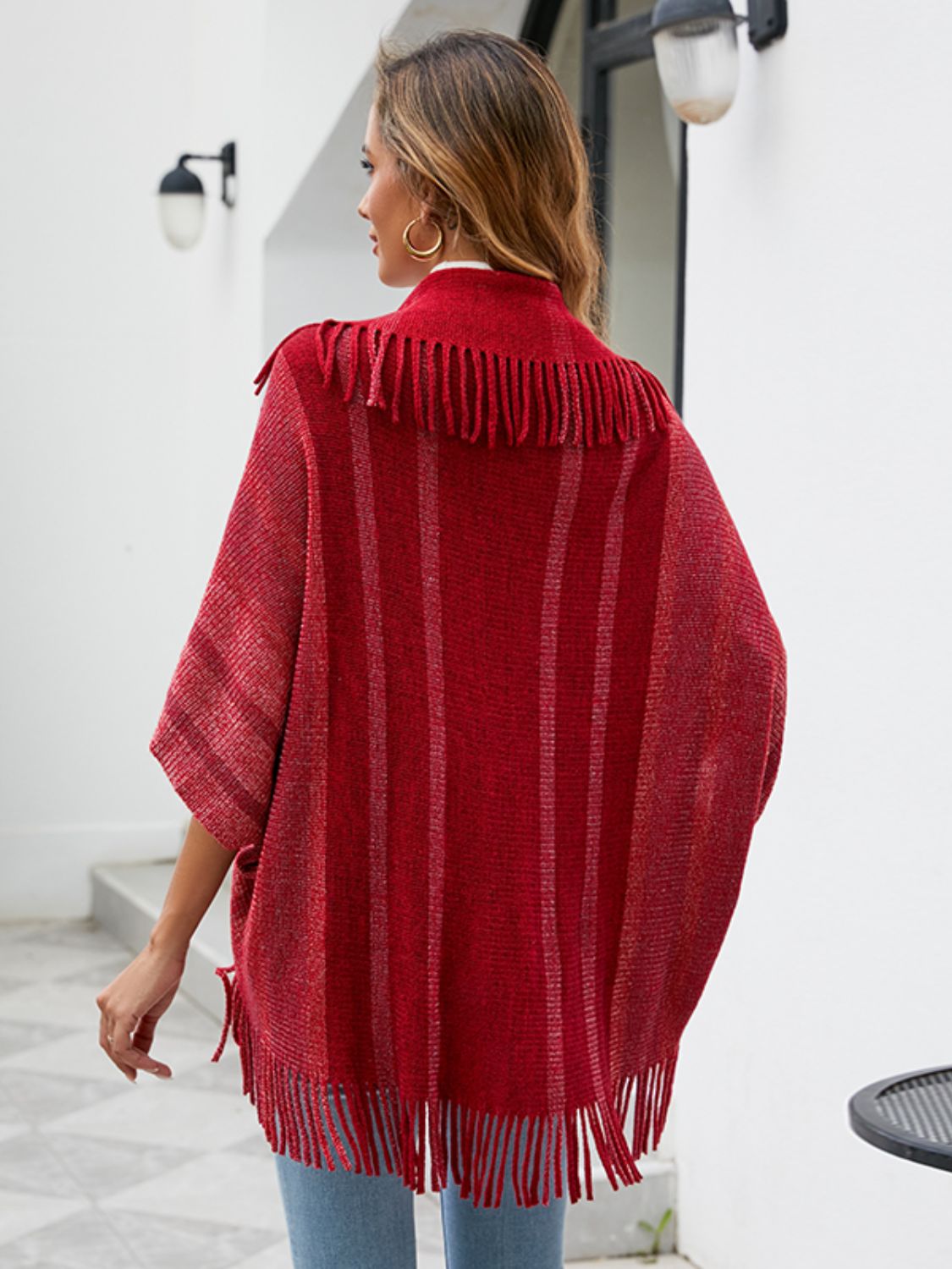 Fringe Detail Open Front Poncho