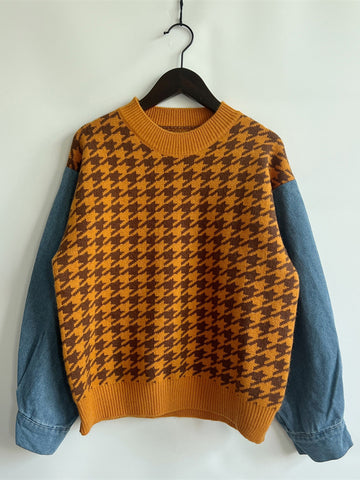 Hounds tooth Denim Sleeve Sweater