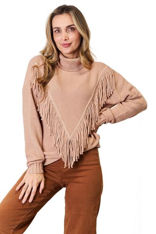 Woven Right Turtleneck Fringe Front Long Sleeve Sweater