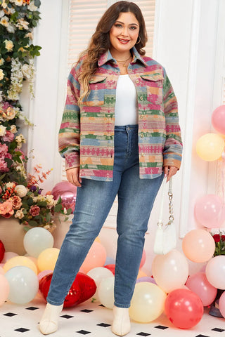 Plus Size Pocketed Printed Collared Neck Jacket