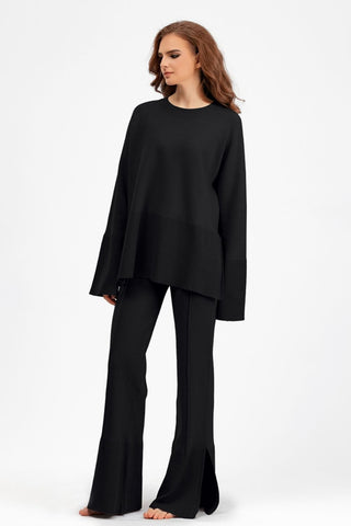 Basic Be Slit Round Neck Long Sleeve Top and Drawstring Pants Sweater Set