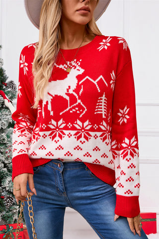 Deer Pattern Round Neck Long Sleeve Sweater