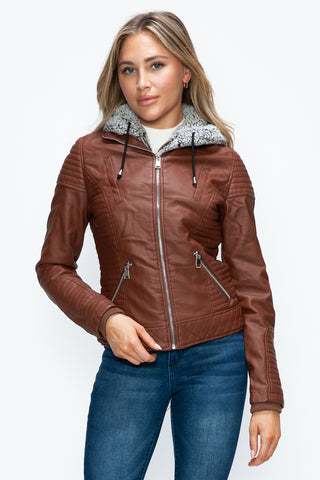 MI Faux Layered Double-Zipper Jacket with Fuzzy Hood