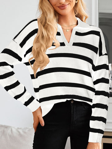 Striped Johnny Collar Long Sleeve Sweater