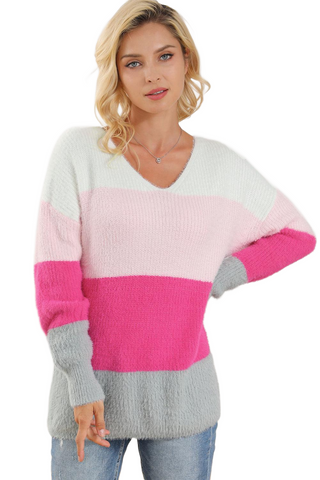 Color Block V-Neck Dropped Shoulder Sweater