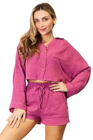 Buttoned Long Sleeve Top and Shorts Set