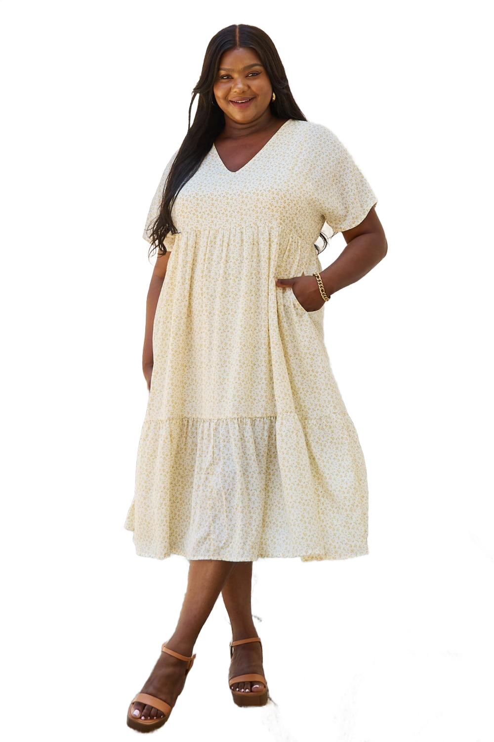 Spring Baby Full Size Kimono Sleeve Midi Dress in Cream