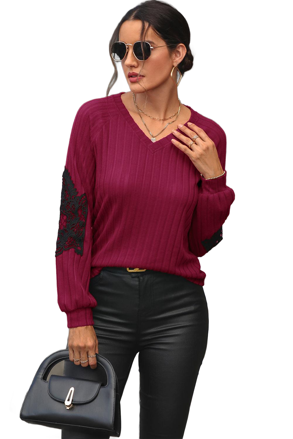 Ribbed Lace Detail V-Neck Sweater