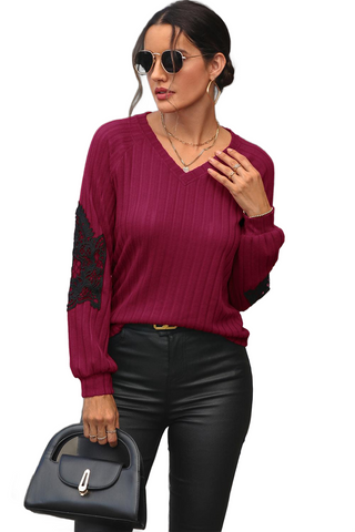 Ribbed Lace Detail V-Neck Sweater