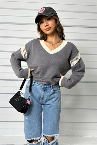 Contrast  Long Sleeve V-Neck Sweater