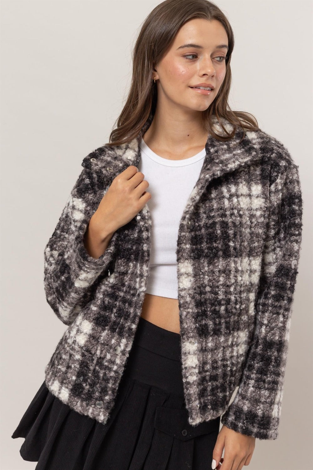 HAYFEVER Plaid Collared Neck Bouclé Jacket with Pockets