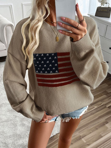 US Flag Round Neck Long Sleeve Knit Top