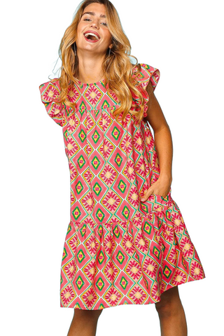 Full Size Ruffled Printed Dress with Side Pockets