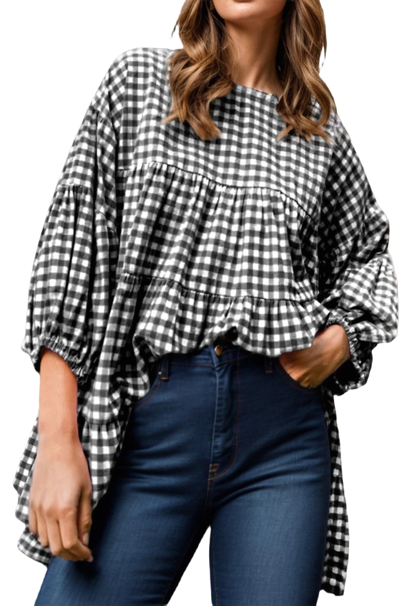 Tiered Plaid Round Neck Long Sleeve Blouse