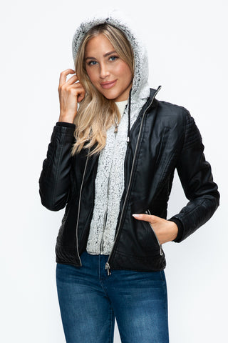 PMI Faux Layered Double-Zipper Jacket with Fuzzy Hood