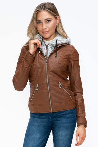 PMI Faux Layered Double-Zipper Jacket with Fuzzy Hood