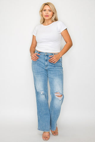 Full Size Distressed High Rise Straight Jeans