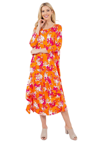 Full Size Pick-Up Hem Asymmetric Floral Midi Dress