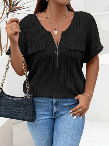 Plus Size Half Zip Short Sleeve T-Shirt