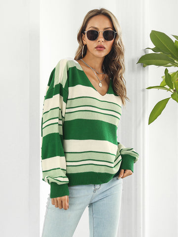 Striped V-Neck Long Sleeve Knit Top