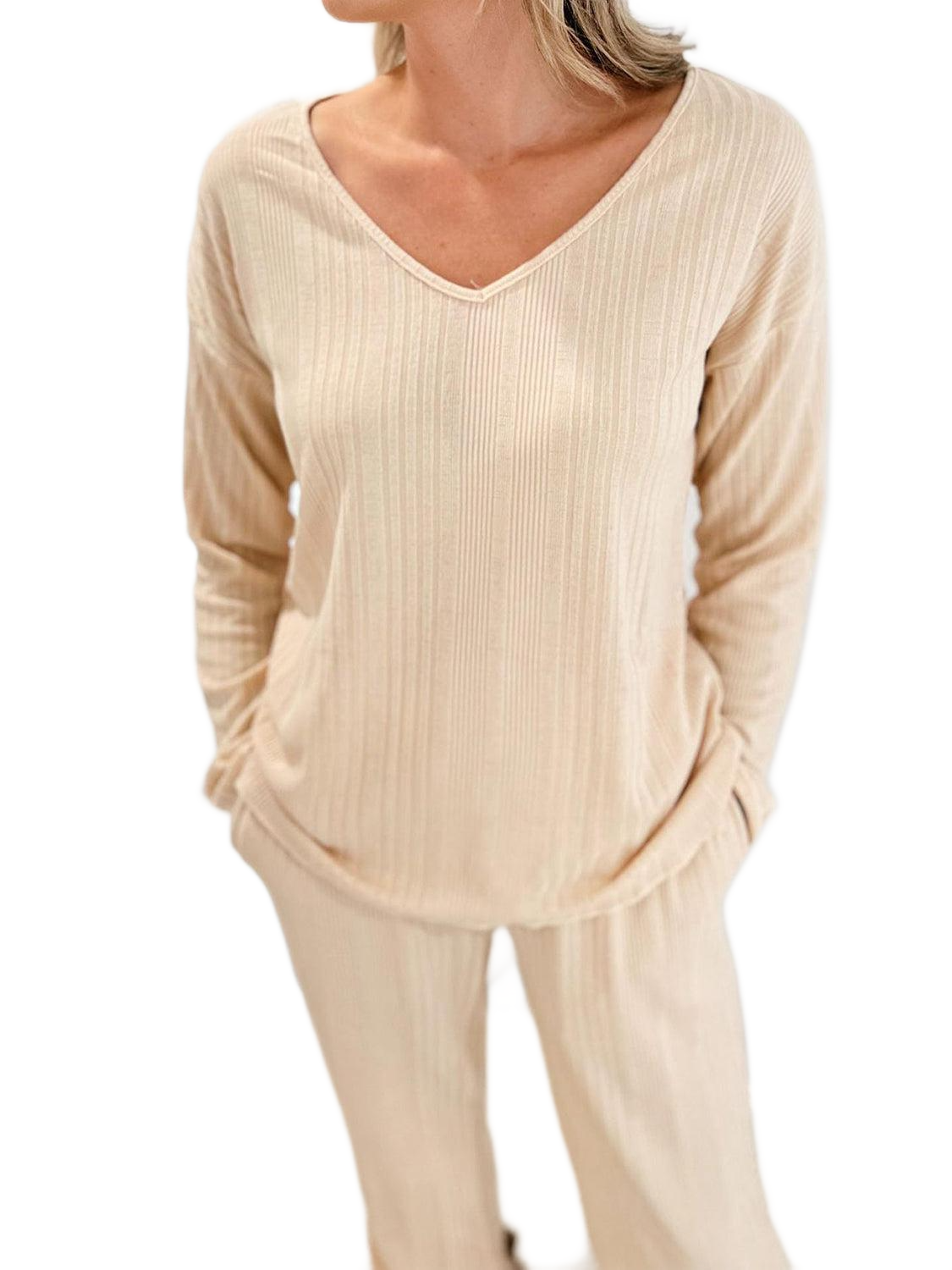 V-Neck Long Sleeve Top and Pants Set