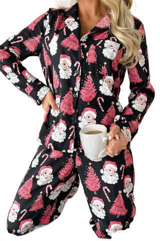 Christmas Printed Collared Neck Top and Pants Lounge Set