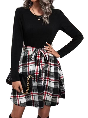 Tied Plaid Round Neck Long Sleeve Dress