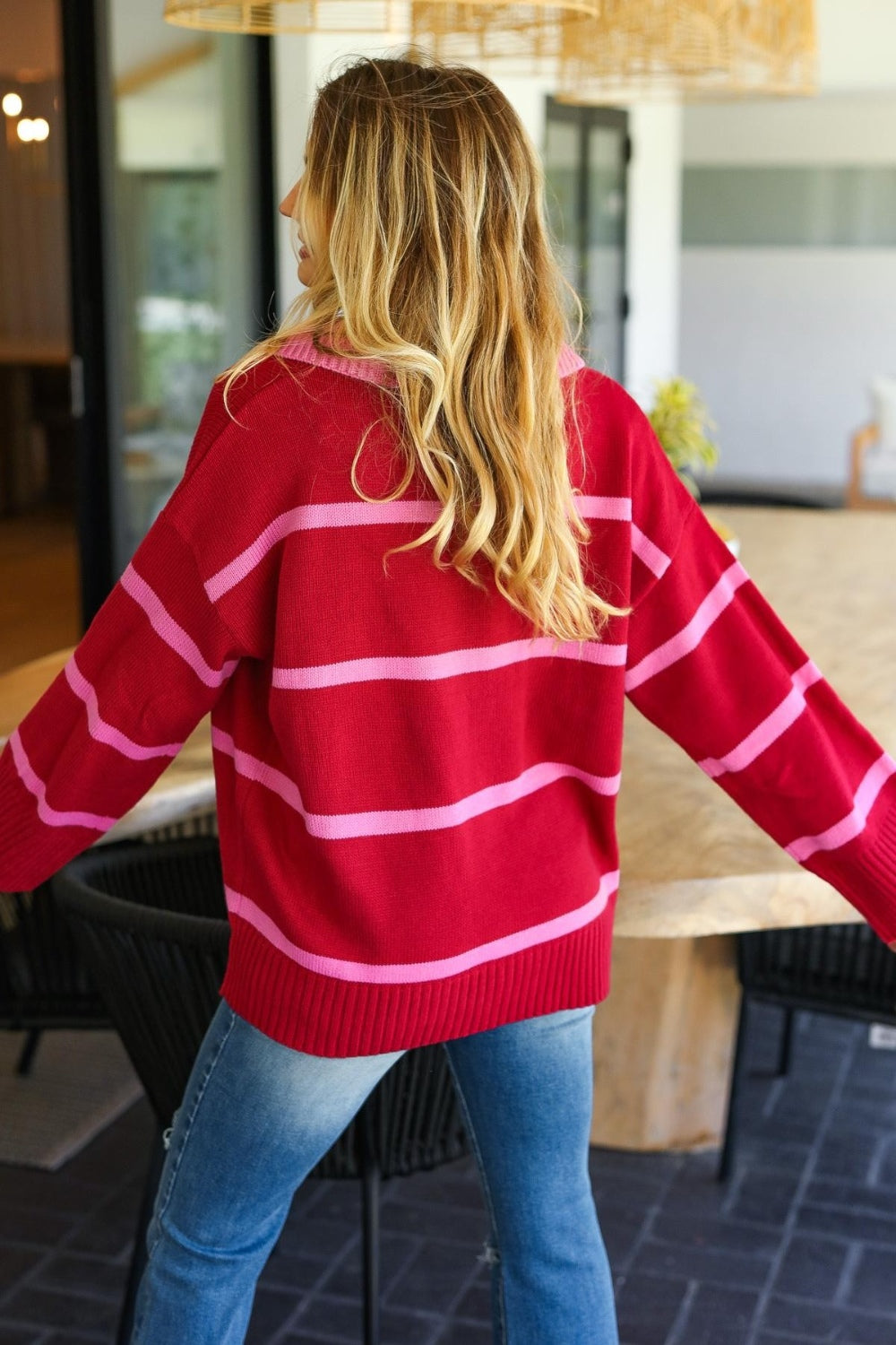 Collared Neck Striped Contrast Sweater