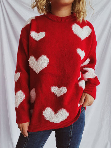 Heart Round Neck Dropped Shoulder Sweater