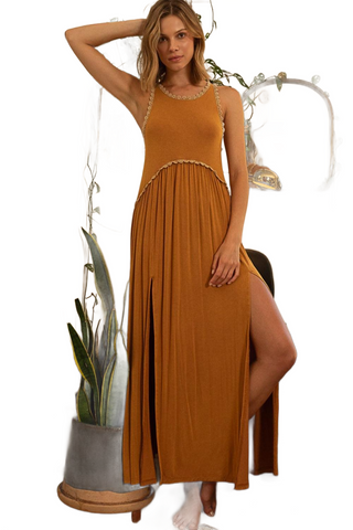 Sleeveless Back Zipper Front Slit Maxi Dress