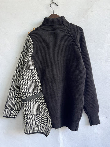 Hounds tooth Turtleneck Long Sleeve Slit Sweater