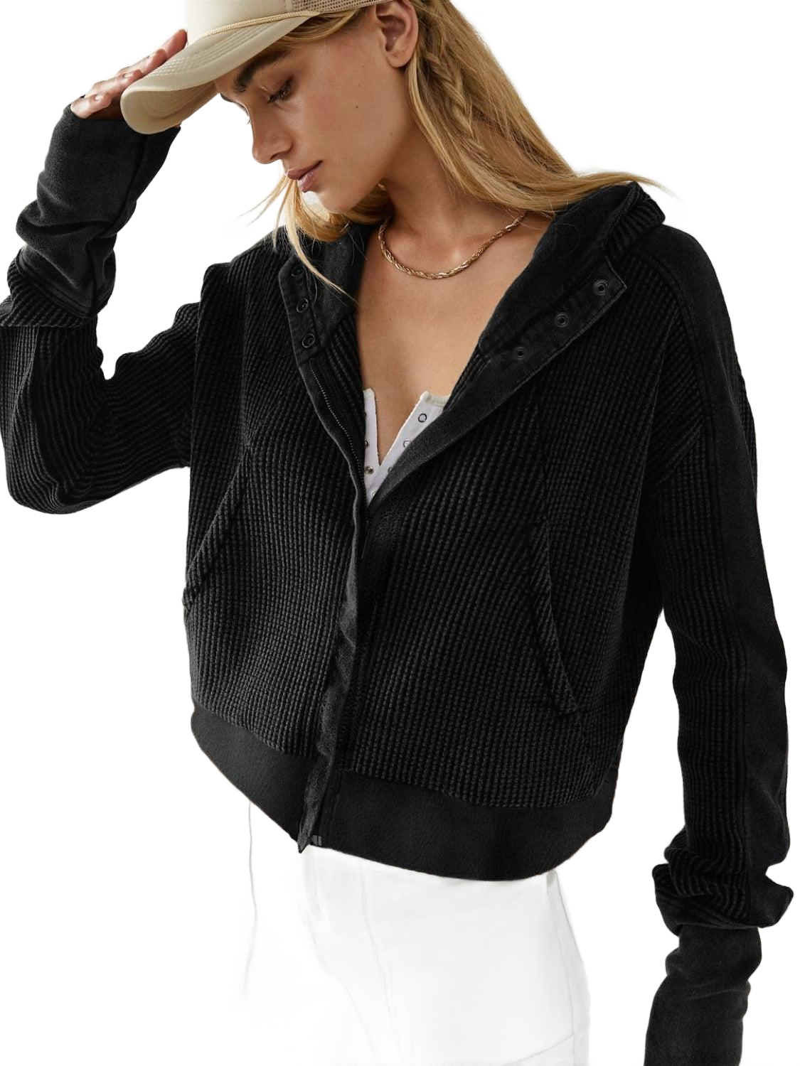 Waffle-Knit Dropped Shoulder Hooded Jacket