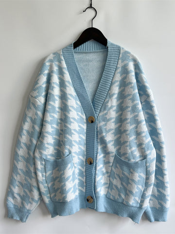 Hounds tooth Bottom Front  Cardigan with Pockets