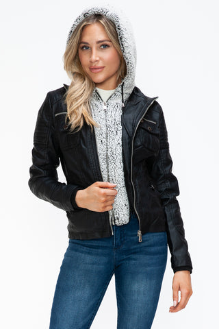 PMI Removable Faux Layered Multi-Pocket Jacket with Fuzzy Hood