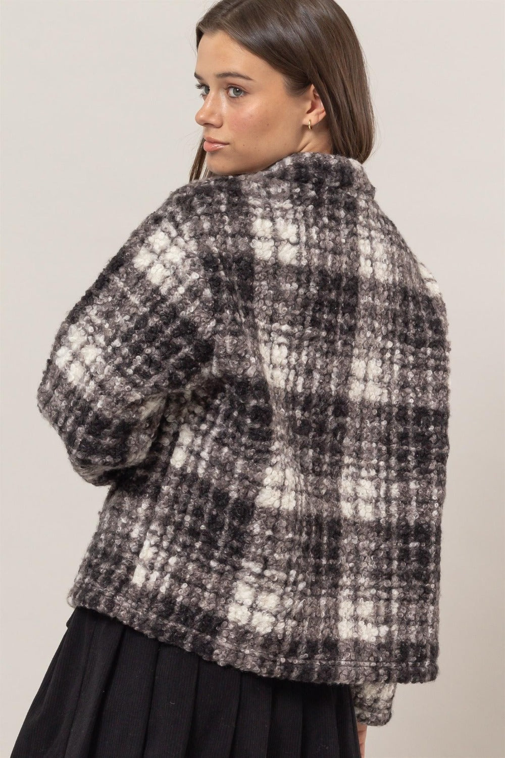 HAYFEVER Plaid Collared Neck Bouclé Jacket with Pockets