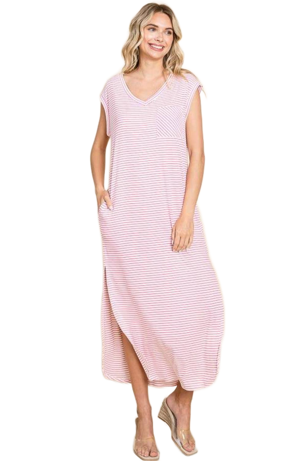 Full Size Striped V-Neck Slit Dress with Pockets