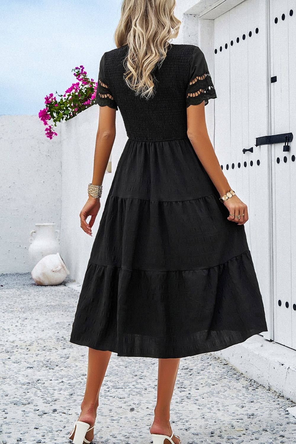 Smocked Round Neck Short Sleeve Midi Dress