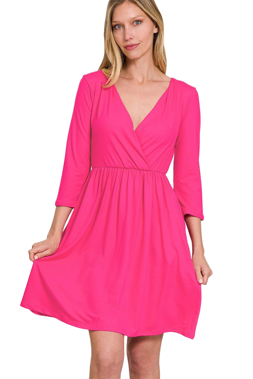 Three-Quarter Sleeve Surplice Dress with Pockets