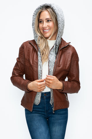 MI Faux Layered Double-Zipper Jacket with Fuzzy Hood