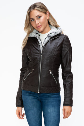 MI Faux Layered Double-Zipper Jacket with Fuzzy Hood