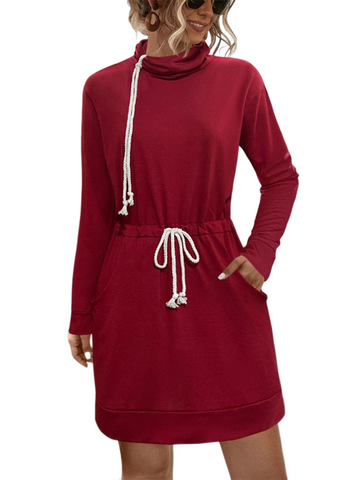 Drawstring Turtleneck Long Sleeve Mini Dress