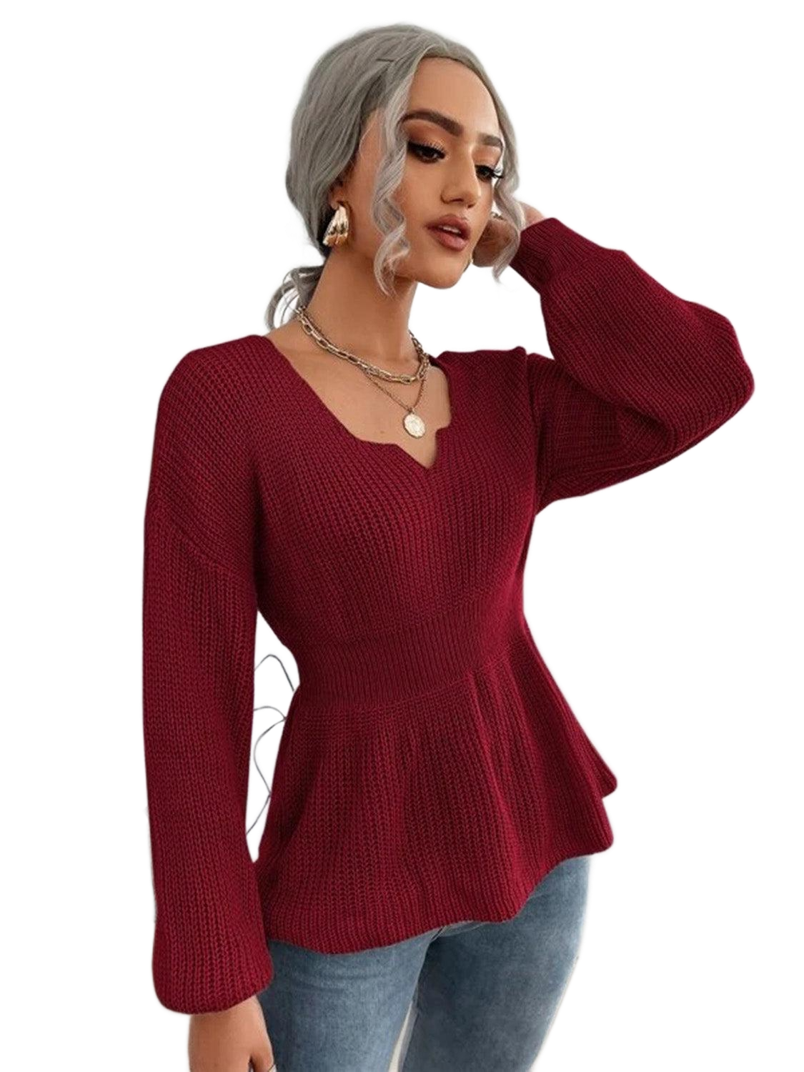 Notched Dropped Shoulder Knit Top