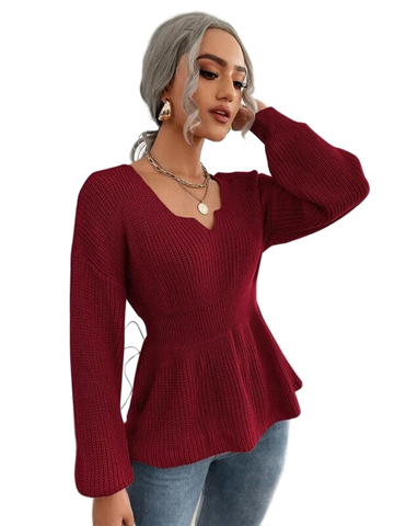 Notched Dropped Shoulder Knit Top