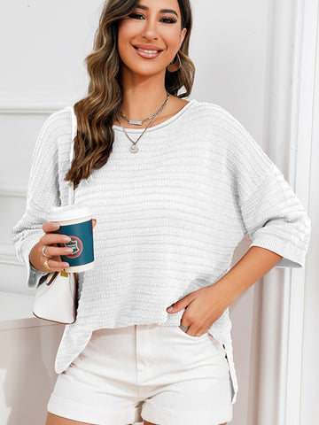 Rolled Round Neck Dropped Shoulder Slit Sweater