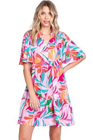 Printed Short Sleeve Ruffle Hem Dress