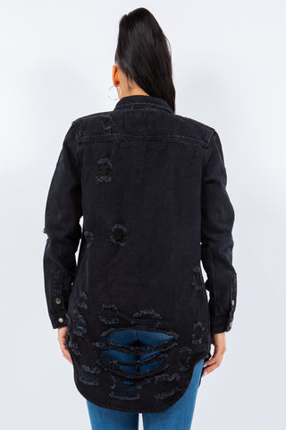 American Bazin Distressed Button Up Long Sleeve Denim Jacket